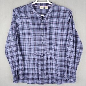 LLBean Womens Plaid Long Sleeve Flannel Shirt L Blue Pink 100% Cotton Vintage